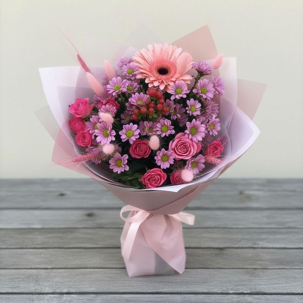 Букет цветов из: Розы, Герберы и Хризантемы в Серафимовском