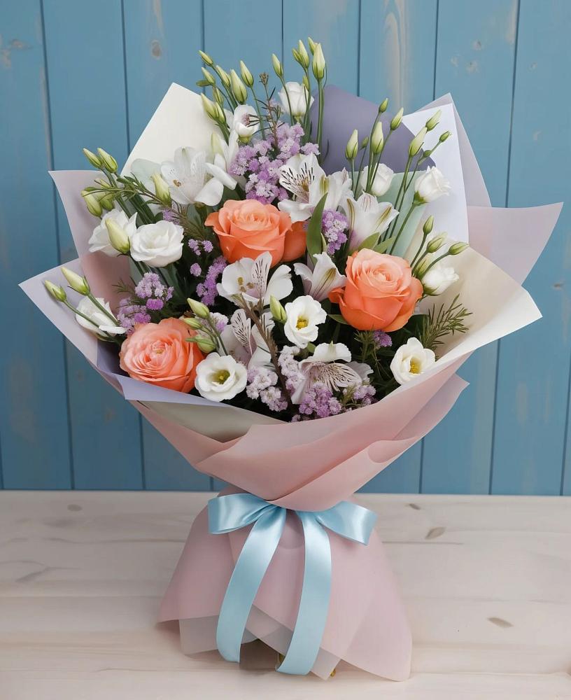 Букет цветов из: Лизиантусы, Розы, Альстромерии и Гипсофила в Серафимовском